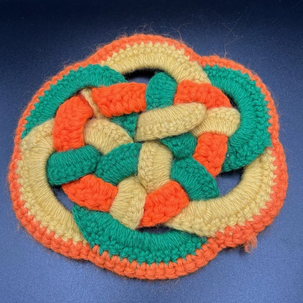 Vintage 70s Crochet Knot Trivet Hot Pad Orange Green Yellow Retro Mid Century